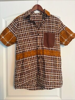 Hand sewn young man’s Short Sleeve Button-Down Shirt in Brown and Mustard